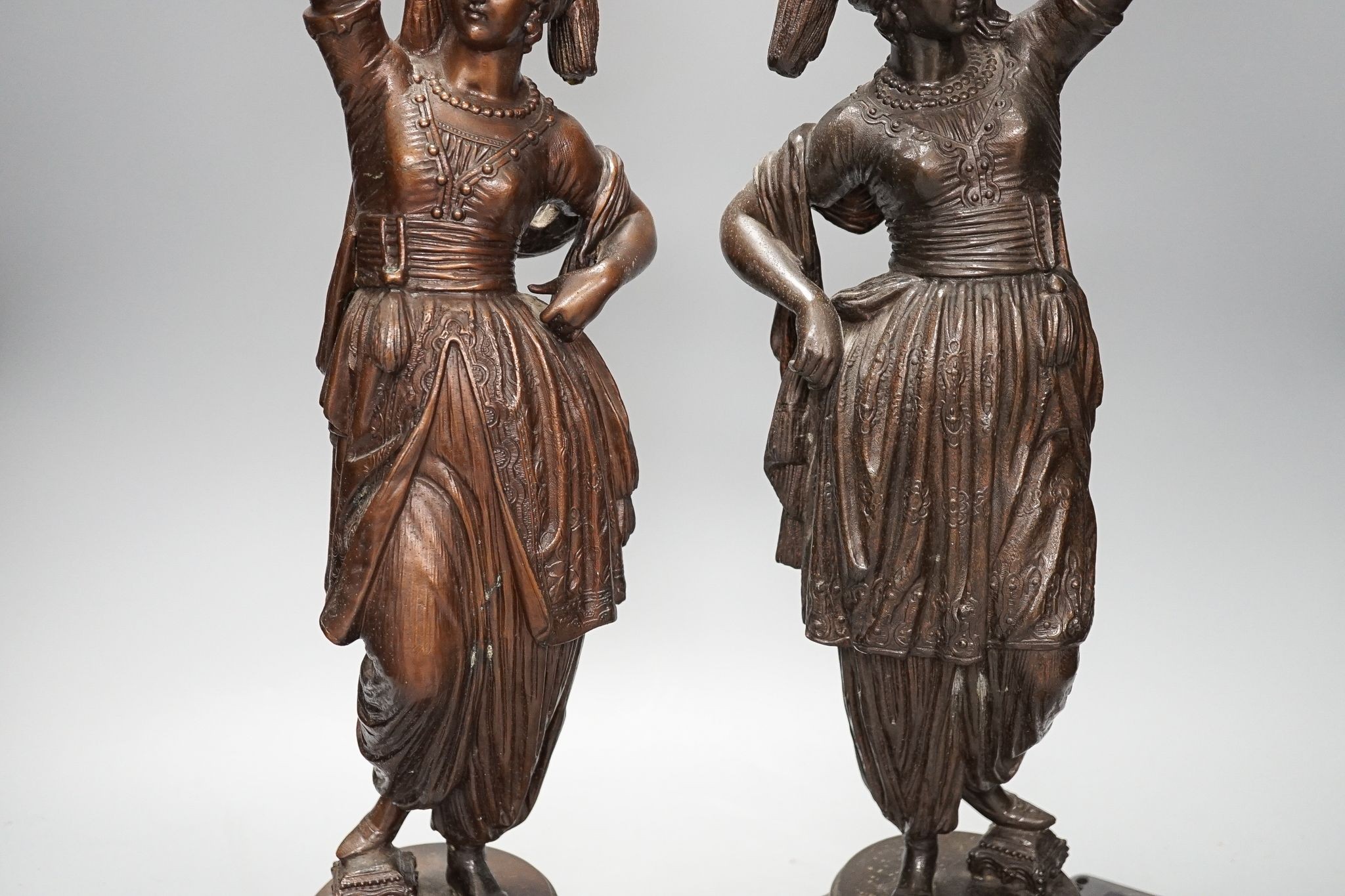 A pair of spelter figural table lamps, 50cm